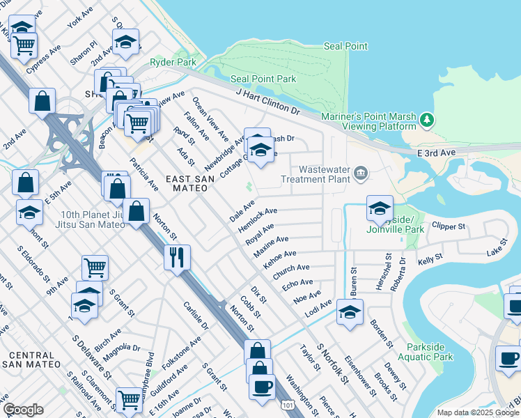 map of restaurants, bars, coffee shops, grocery stores, and more near 1609 Hemlock Avenue in San Mateo