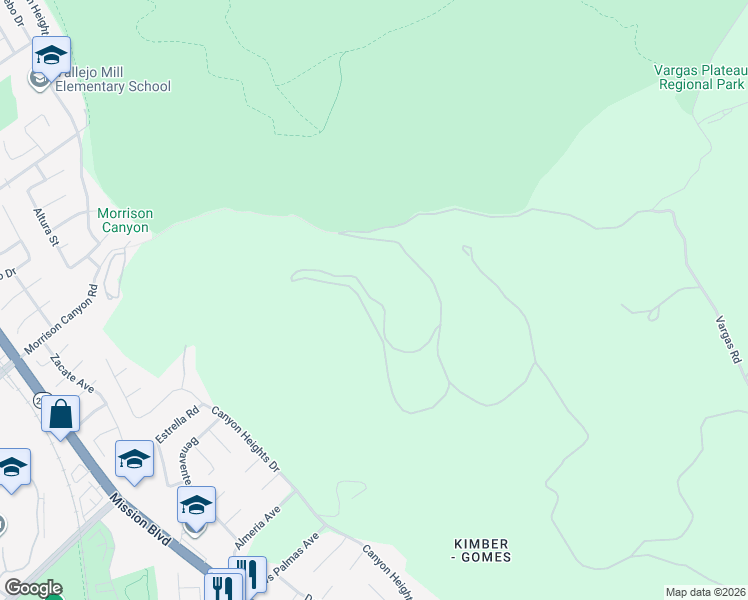 map of restaurants, bars, coffee shops, grocery stores, and more near Ridge Terrace in Fremont