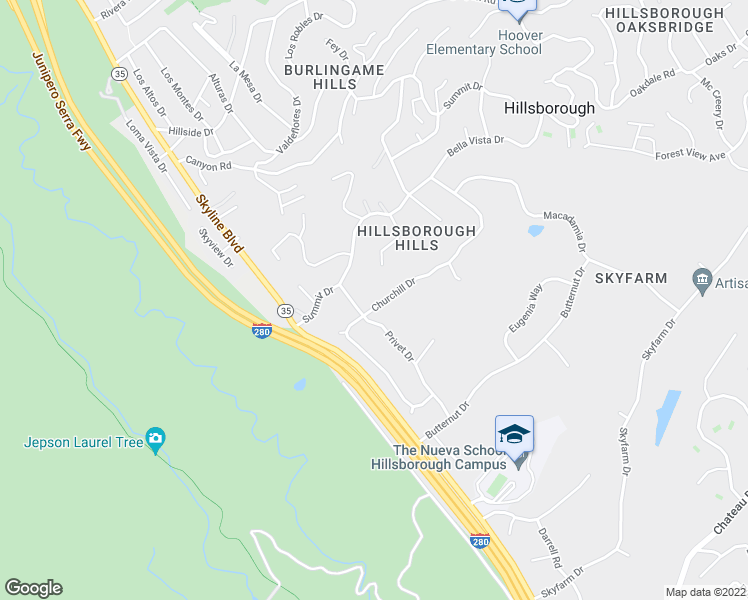 map of restaurants, bars, coffee shops, grocery stores, and more near 2885 Churchill Drive in Hillsborough