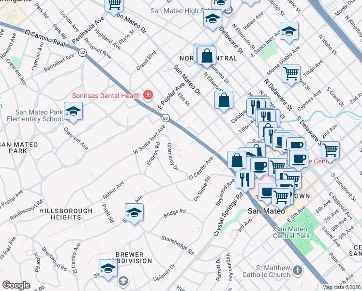 map of restaurants, bars, coffee shops, grocery stores, and more near 30 Mounds Road in San Mateo