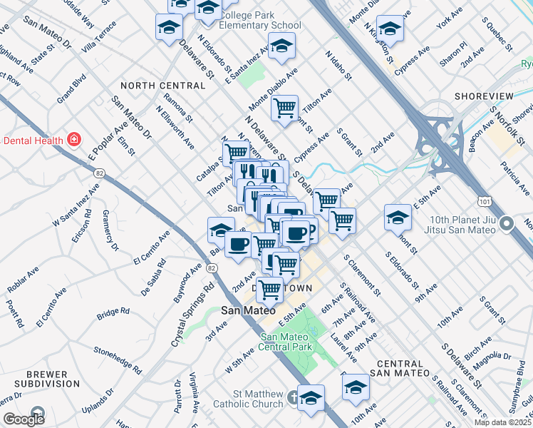 map of restaurants, bars, coffee shops, grocery stores, and more near 2 North B Street in San Mateo