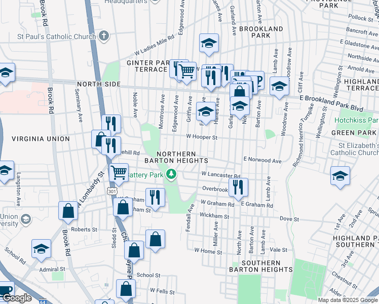 map of restaurants, bars, coffee shops, grocery stores, and more near 2701 Griffin Avenue in Richmond