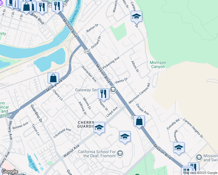map of restaurants, bars, coffee shops, grocery stores, and more near 89 Catania Common in Fremont