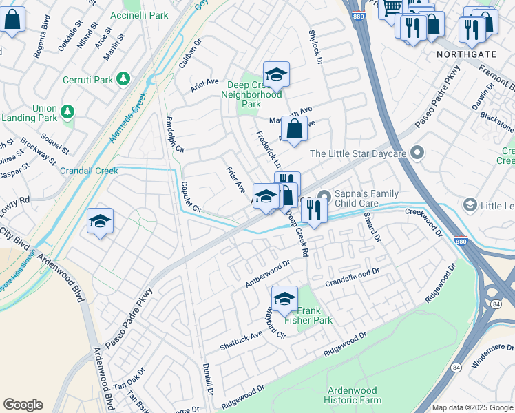 map of restaurants, bars, coffee shops, grocery stores, and more near 4953 Paseo Padre Parkway in Fremont