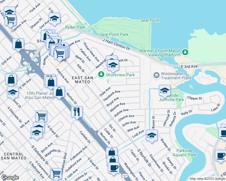 map of restaurants, bars, coffee shops, grocery stores, and more near 1609 Hemlock Avenue in San Mateo