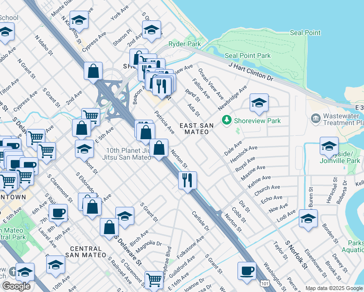 map of restaurants, bars, coffee shops, grocery stores, and more near 1308 Newbridge Avenue in San Mateo