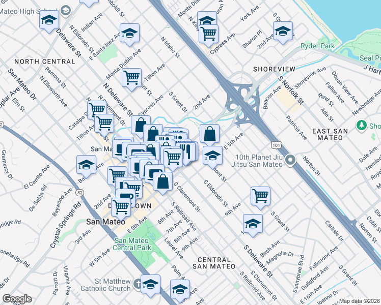 map of restaurants, bars, coffee shops, grocery stores, and more near 101 9th Avenue in San Mateo