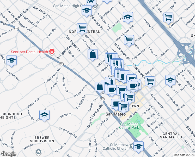 map of restaurants, bars, coffee shops, grocery stores, and more near 53 North San Mateo Drive in San Mateo