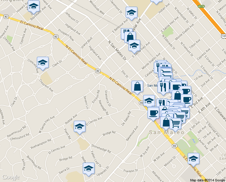 map of restaurants, bars, coffee shops, grocery stores, and more near 30 Mounds Road in San Mateo