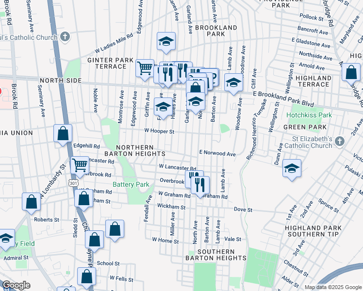 map of restaurants, bars, coffee shops, grocery stores, and more near 2708 Garland Avenue in Richmond