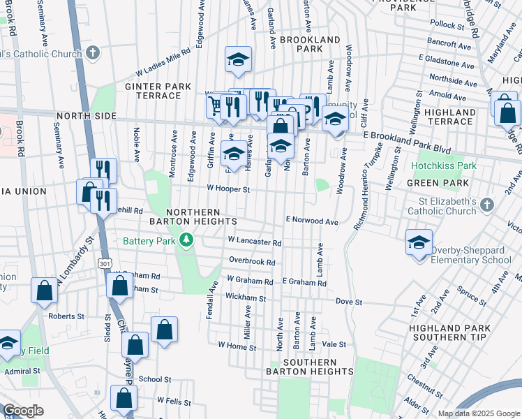 map of restaurants, bars, coffee shops, grocery stores, and more near 2708 Garland Avenue in Richmond