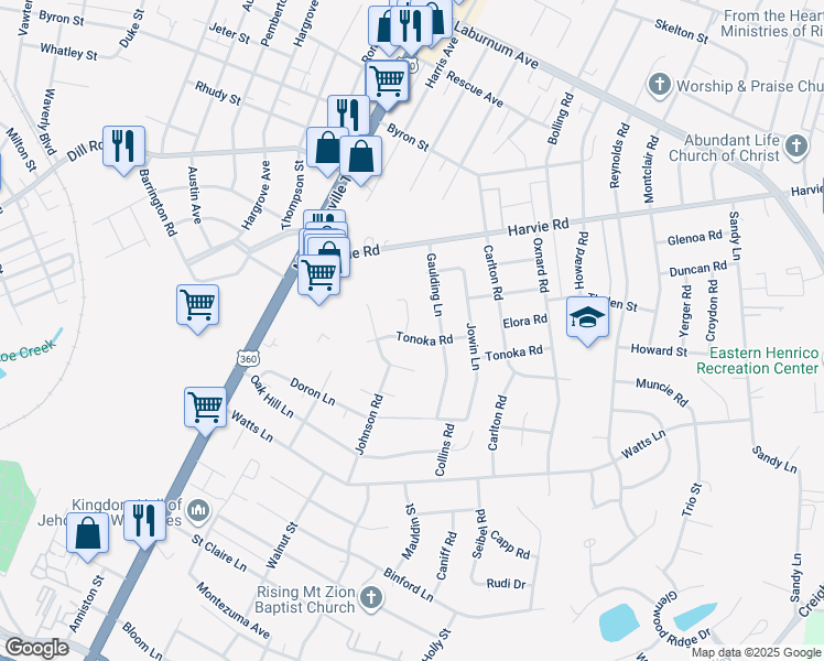 map of restaurants, bars, coffee shops, grocery stores, and more near 2500 Tonoka Road in Richmond