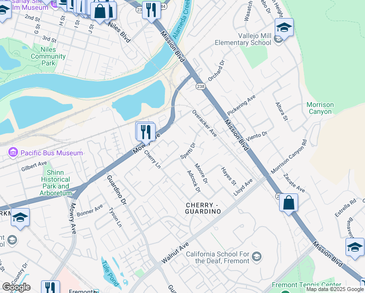 map of restaurants, bars, coffee shops, grocery stores, and more near 38611 Chapman Court in Fremont