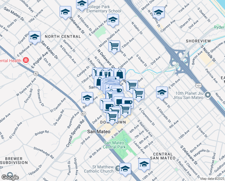 map of restaurants, bars, coffee shops, grocery stores, and more near 390 1st Avenue in San Mateo