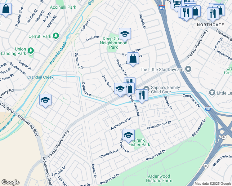 map of restaurants, bars, coffee shops, grocery stores, and more near 4953 Paseo Padre Parkway in Fremont