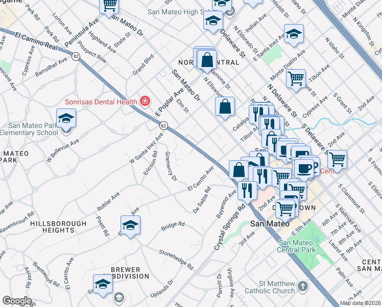 map of restaurants, bars, coffee shops, grocery stores, and more near 30 Mounds Road in San Mateo