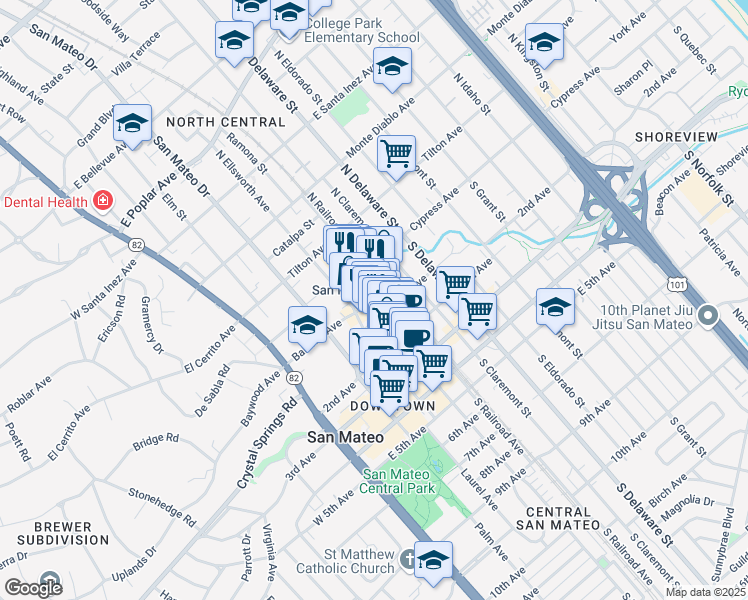 map of restaurants, bars, coffee shops, grocery stores, and more near 308 Baldwin Avenue in San Mateo