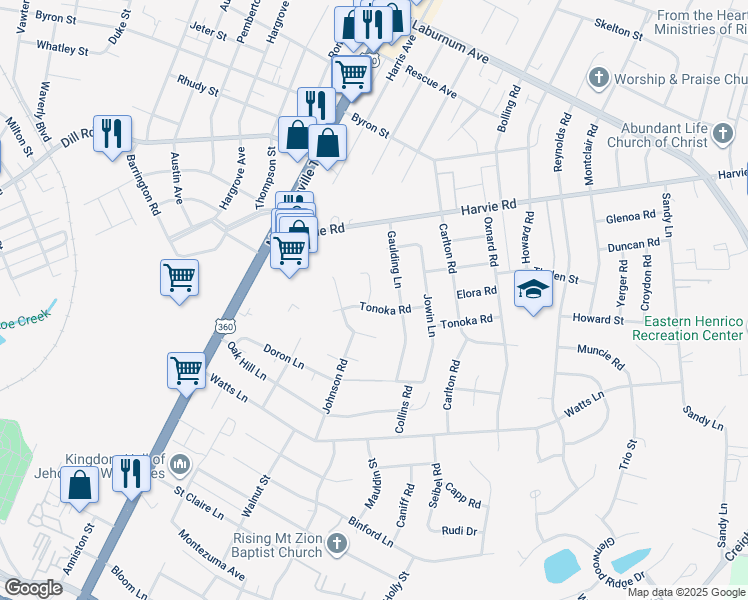 map of restaurants, bars, coffee shops, grocery stores, and more near 2500 Tonoka Road in Richmond