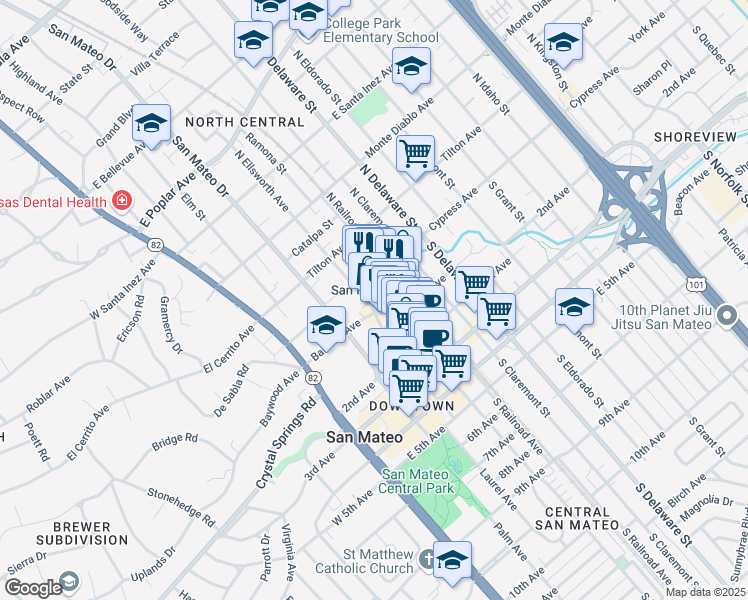 map of restaurants, bars, coffee shops, grocery stores, and more near 308 Baldwin Avenue in San Mateo