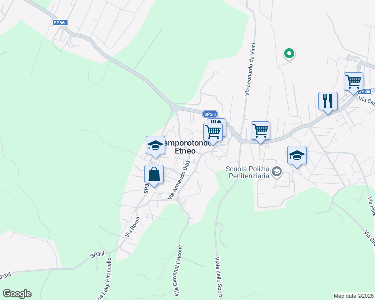 map of restaurants, bars, coffee shops, grocery stores, and more near 25 Piazza Sant'Antonio Abate in Camporotondo Etneo