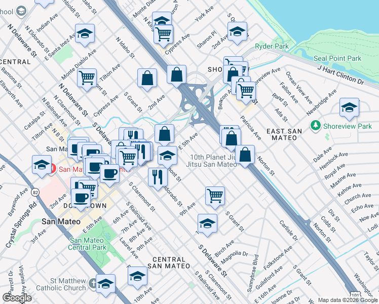 map of restaurants, bars, coffee shops, grocery stores, and more near 516 South Humboldt Street in San Mateo