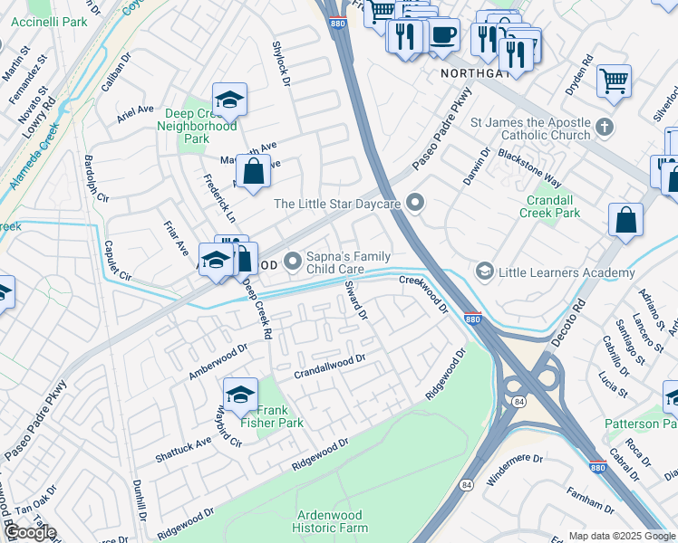 map of restaurants, bars, coffee shops, grocery stores, and more near 34356 Portia Terrace in Fremont