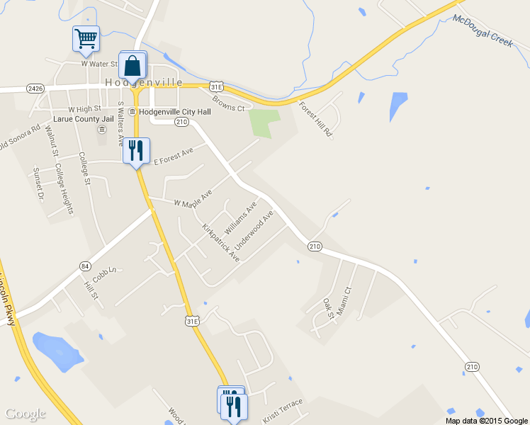 map of restaurants, bars, coffee shops, grocery stores, and more near 104 Underwood Ave in Hodgenville