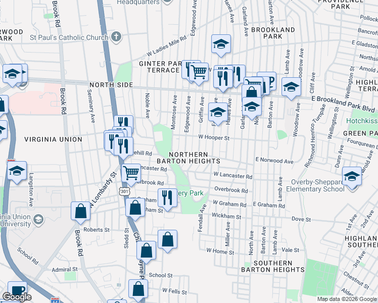 map of restaurants, bars, coffee shops, grocery stores, and more near in Richmond