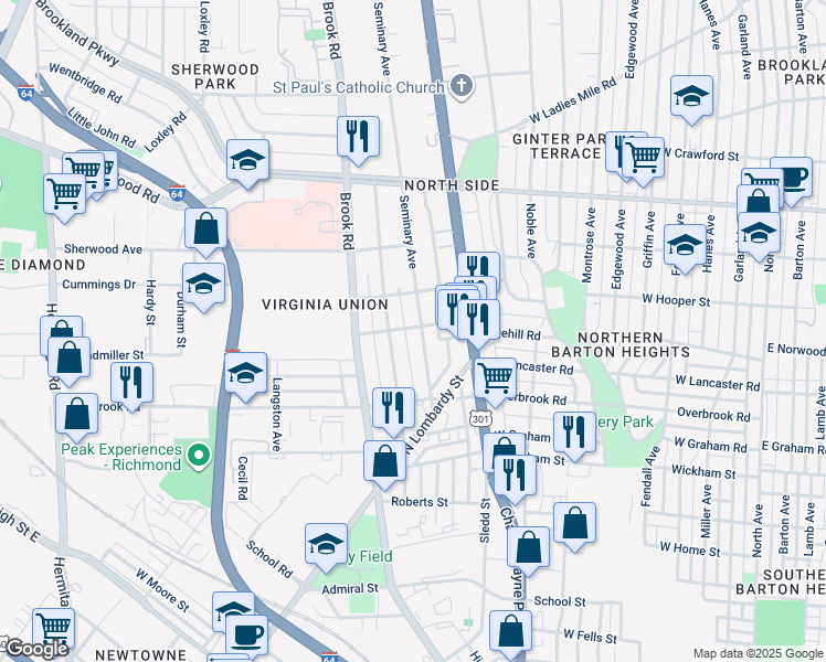 map of restaurants, bars, coffee shops, grocery stores, and more near 2624 Seminary Avenue in Richmond
