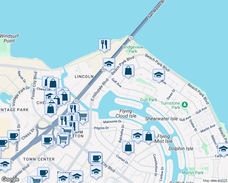 map of restaurants, bars, coffee shops, grocery stores, and more near 710 Widgeon Street in Foster City