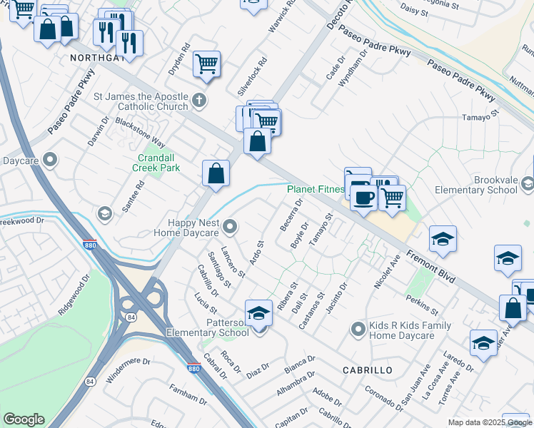 map of restaurants, bars, coffee shops, grocery stores, and more near 35282 Cano Court in Fremont