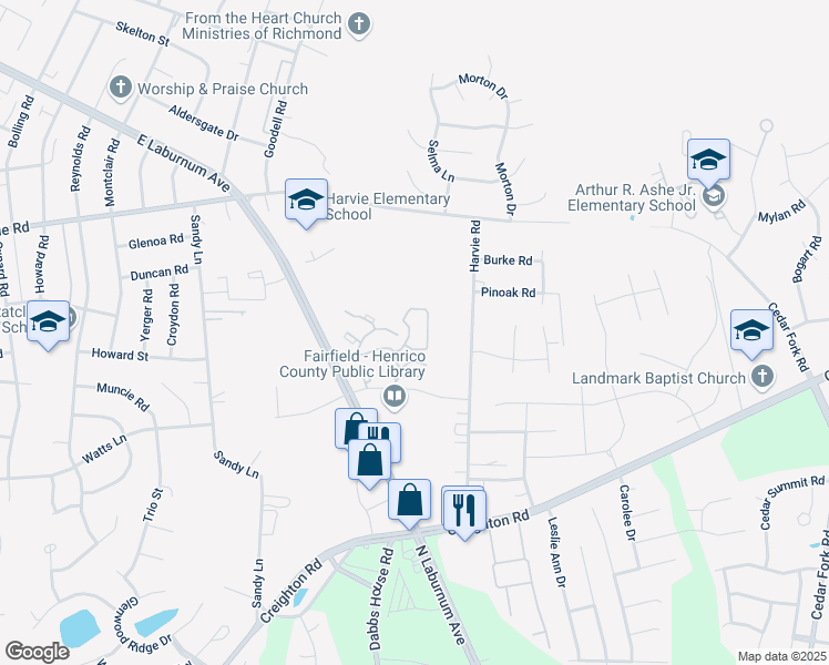 map of restaurants, bars, coffee shops, grocery stores, and more near 3601 Kings Point Court in Richmond