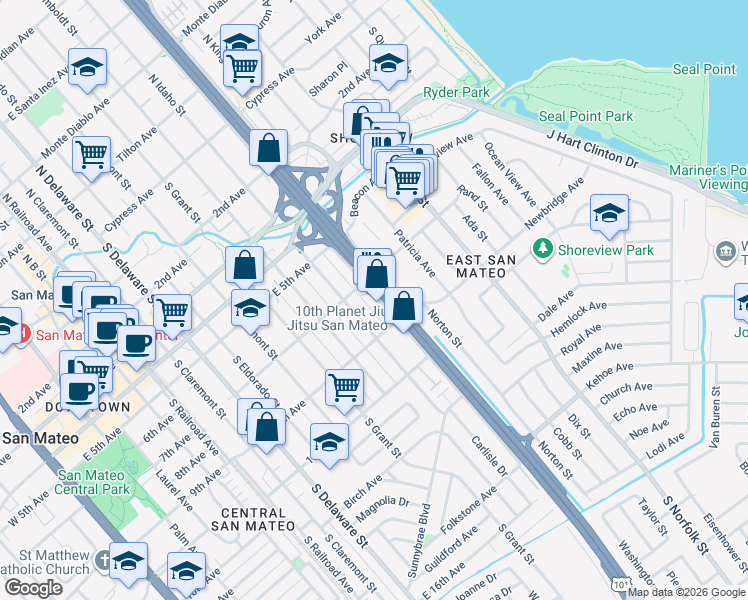 map of restaurants, bars, coffee shops, grocery stores, and more near 724 South Amphlett Boulevard in San Mateo