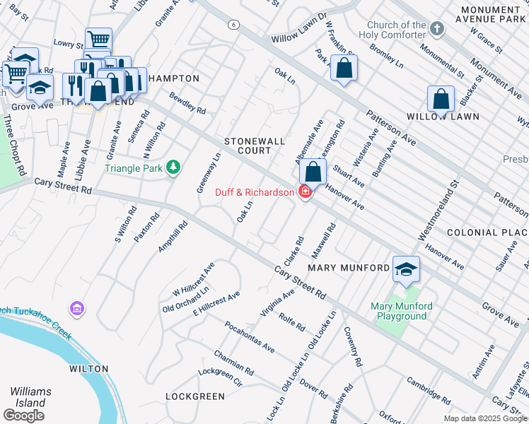 map of restaurants, bars, coffee shops, grocery stores, and more near 16 Albemarle Avenue in Richmond