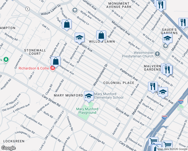 map of restaurants, bars, coffee shops, grocery stores, and more near 4608 Stuart Avenue in Richmond