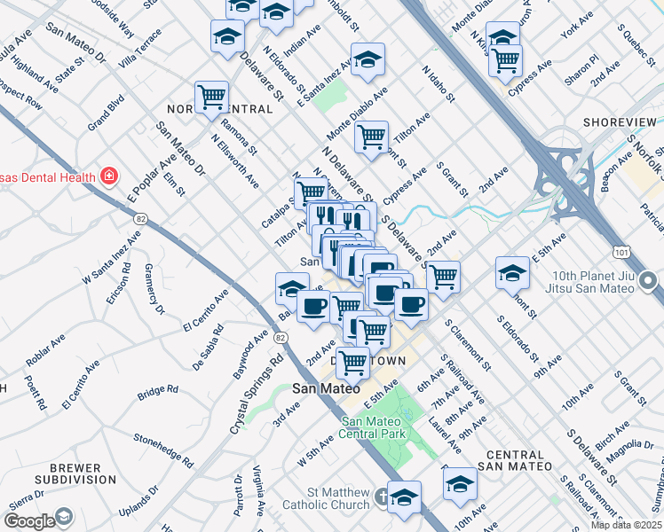 map of restaurants, bars, coffee shops, grocery stores, and more near 20 North Ellsworth Avenue in San Mateo