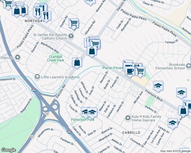 map of restaurants, bars, coffee shops, grocery stores, and more near 35282 Cano Court in Fremont