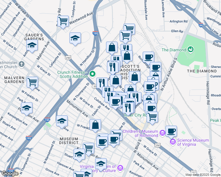 map of restaurants, bars, coffee shops, grocery stores, and more near 3274 West Marshall Street in Richmond