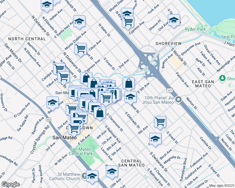 map of restaurants, bars, coffee shops, grocery stores, and more near 338 South Fremont Street in San Mateo