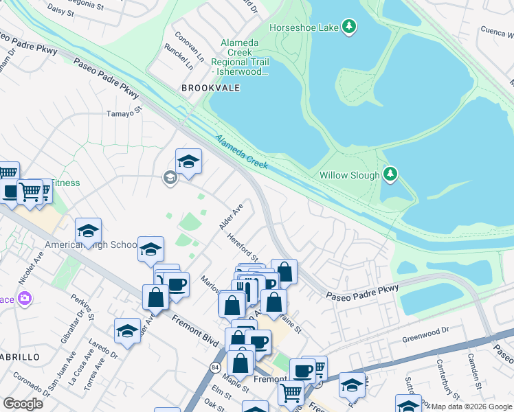 map of restaurants, bars, coffee shops, grocery stores, and more near 3111 Kemper Road in Fremont
