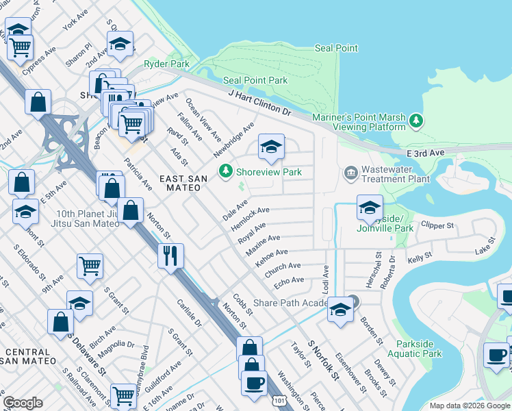map of restaurants, bars, coffee shops, grocery stores, and more near 1609 Hemlock Avenue in San Mateo