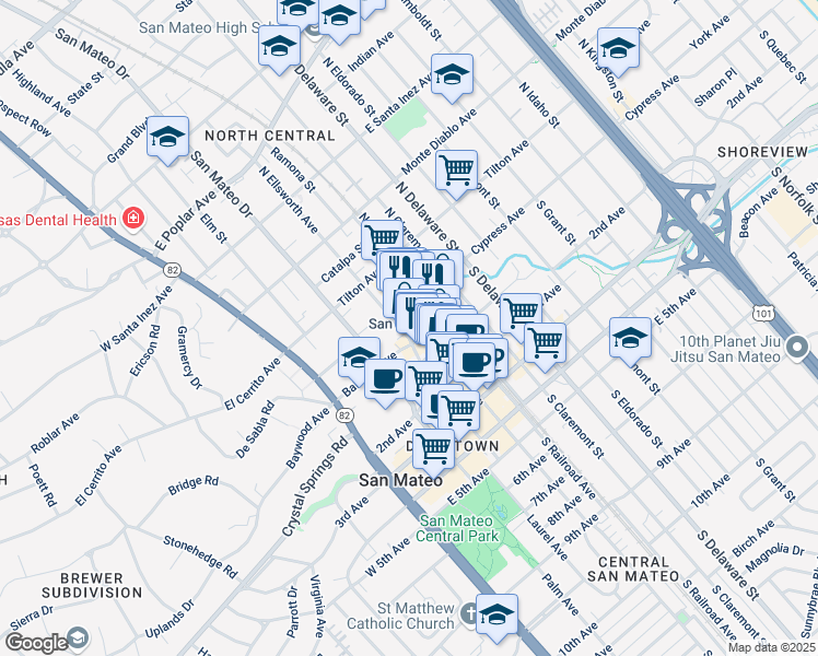 map of restaurants, bars, coffee shops, grocery stores, and more near 308 Baldwin Avenue in San Mateo