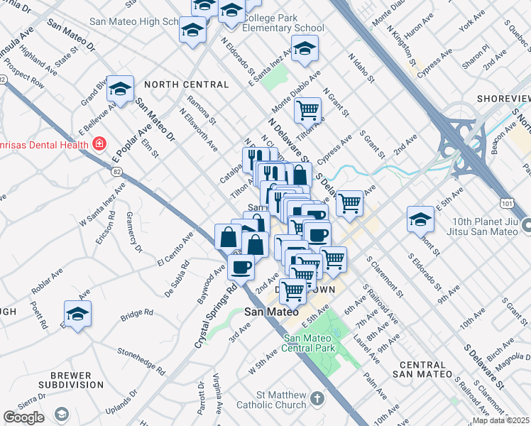 map of restaurants, bars, coffee shops, grocery stores, and more near 22 North San Mateo Drive in San Mateo
