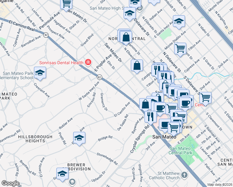 map of restaurants, bars, coffee shops, grocery stores, and more near 30 Mounds Road in San Mateo