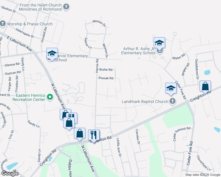 map of restaurants, bars, coffee shops, grocery stores, and more near 3820 Pinoak Road in Richmond