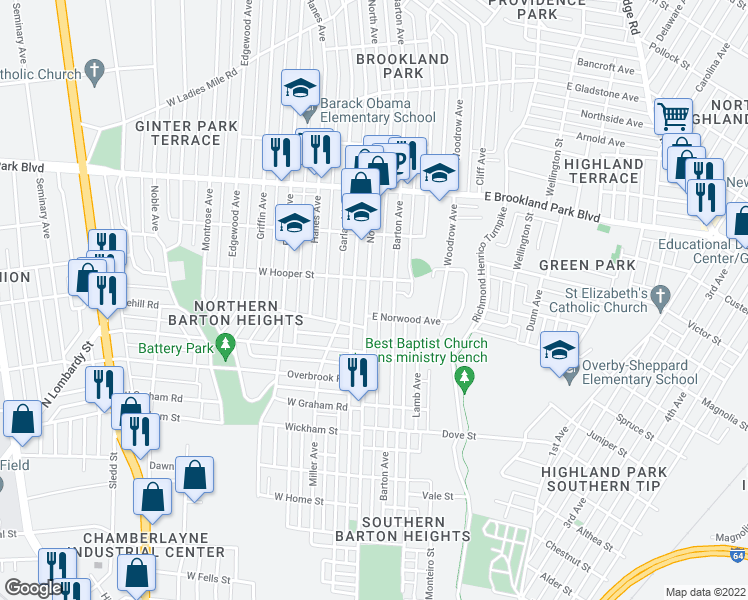 map of restaurants, bars, coffee shops, grocery stores, and more near 2710 North Avenue in Richmond