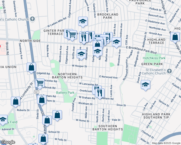 map of restaurants, bars, coffee shops, grocery stores, and more near 2708 Garland Avenue in Richmond