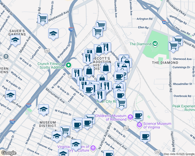 map of restaurants, bars, coffee shops, grocery stores, and more near 3121 West Leigh Street in Richmond