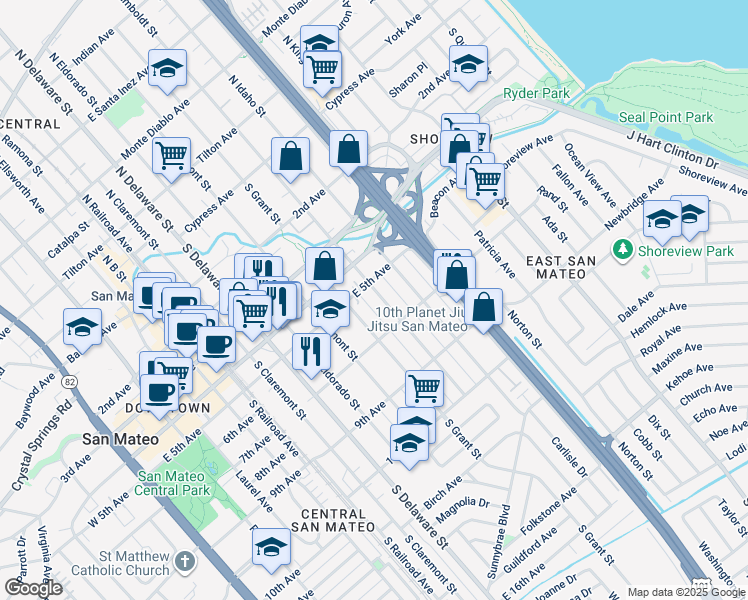 map of restaurants, bars, coffee shops, grocery stores, and more near 516 South Humboldt Street in San Mateo