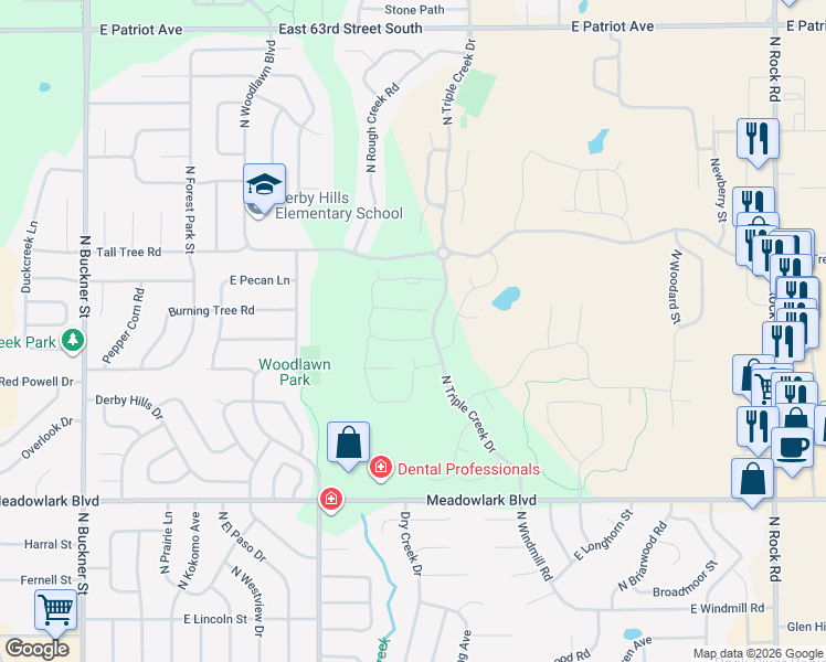 map of restaurants, bars, coffee shops, grocery stores, and more near 906 East Twisted Oak Road in Derby